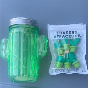 Green Cactus Light Jar with Erasers